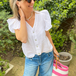 White Linen Frill Top