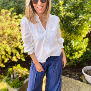 White V-Neck Ruffle Shirt