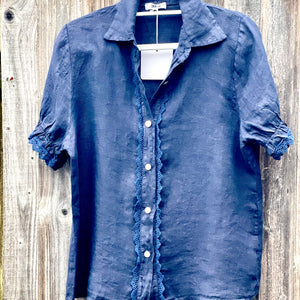 Navy Linen Cropped Sleeve Shirt