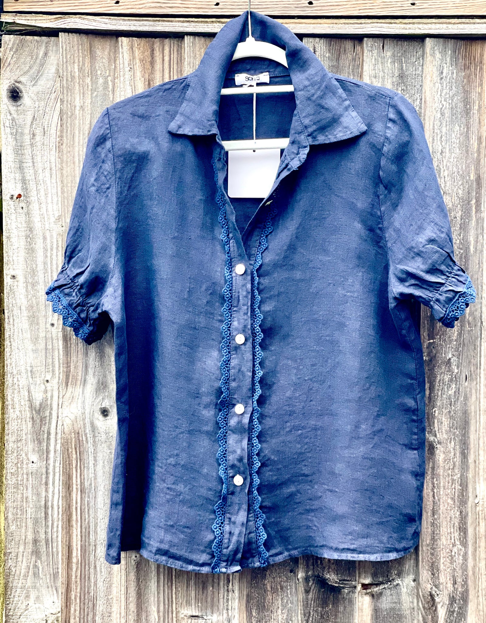 Navy Linen Cropped Sleeve Shirt