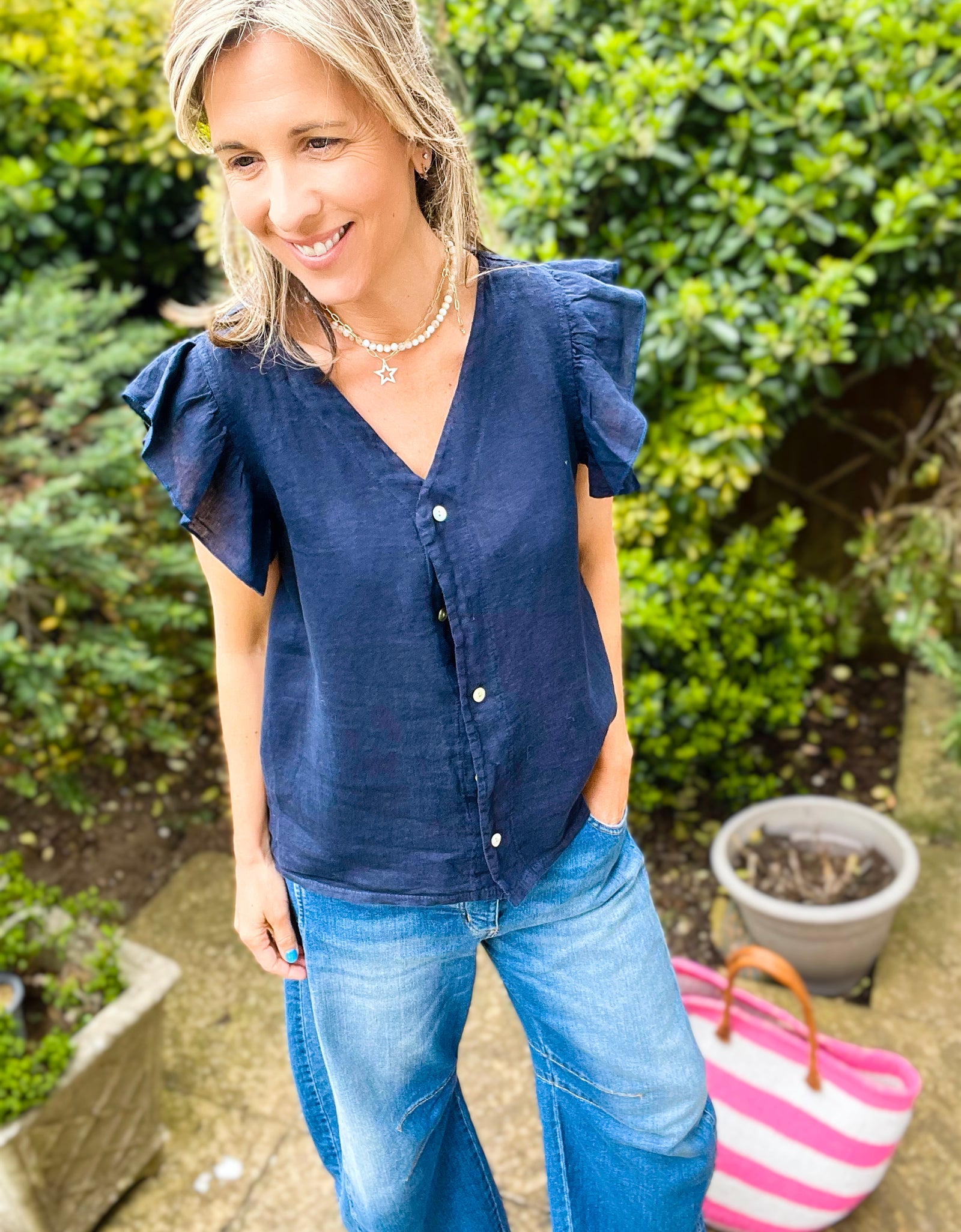 Navy Linen Frill Top