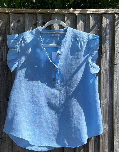 Load image into Gallery viewer, Blue Frill Linen Top
