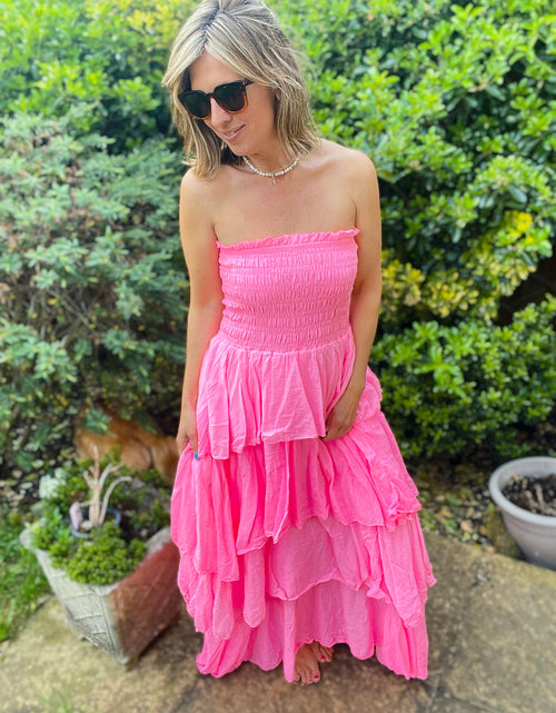 Load image into Gallery viewer, Neon Pink Strapless Tiered Maxi Dress
