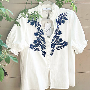 White & Navy Embroidered Cropped Blouse
