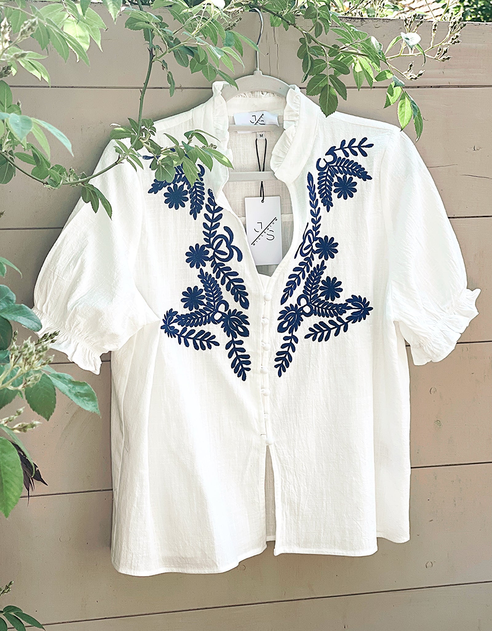White & Navy Embroidered Cropped Blouse