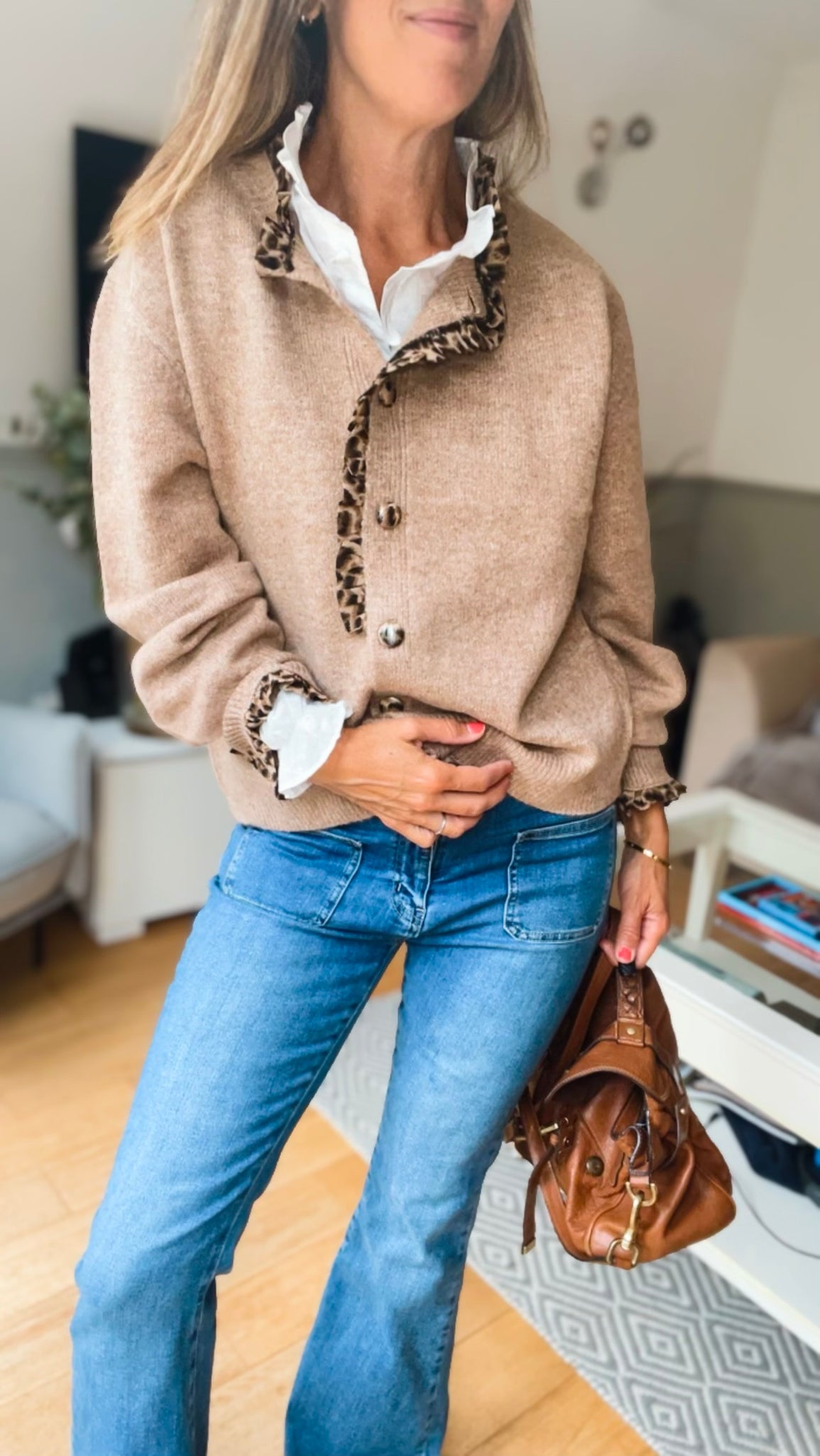 Leopard detail cardi - fawn