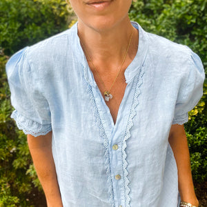 Blue V neck Cropped Sleeve Shirt