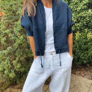 Linen Bomber Jacket - navy