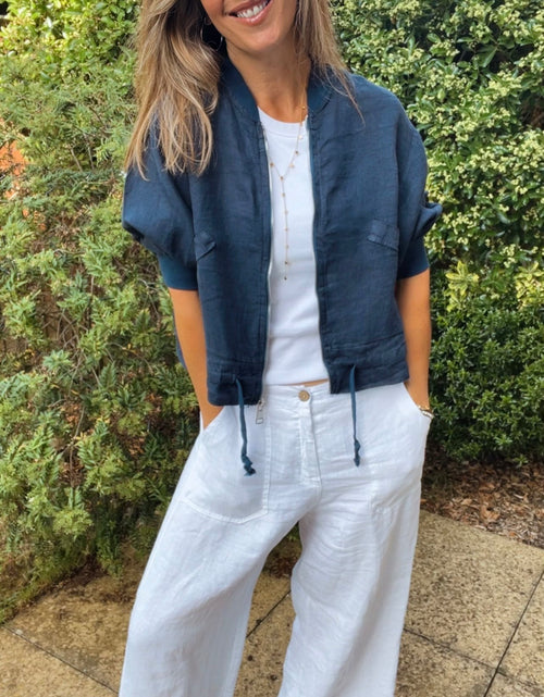 Load image into Gallery viewer, Linen Bomber Jacket - navy
