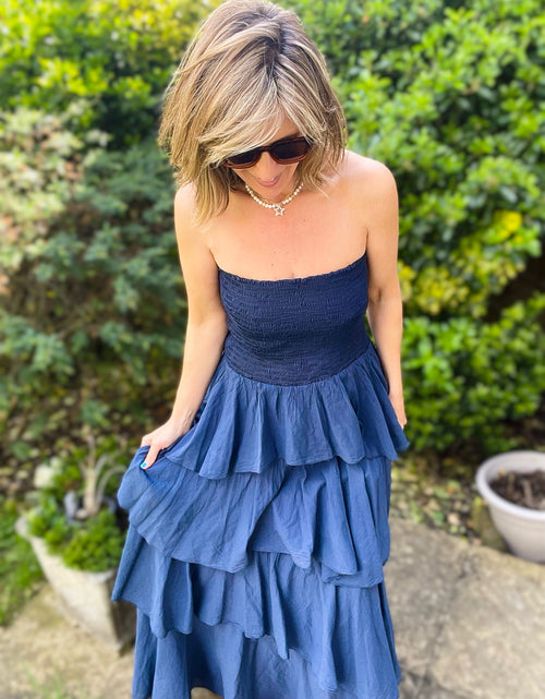 Load image into Gallery viewer, Navy Strapless Tiered Maxi Dress
