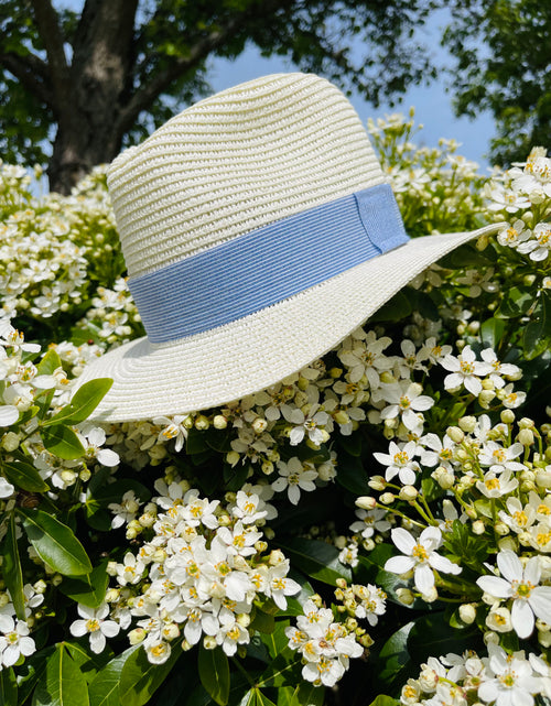 Load image into Gallery viewer, Straw fedora with blue linen stripe
