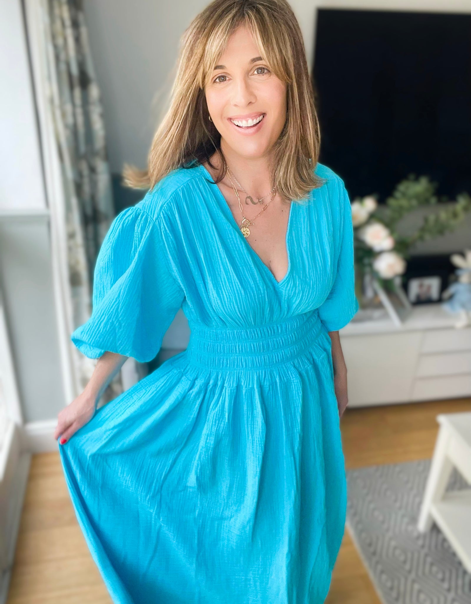 Turquoise Balloon Sleeve Dress