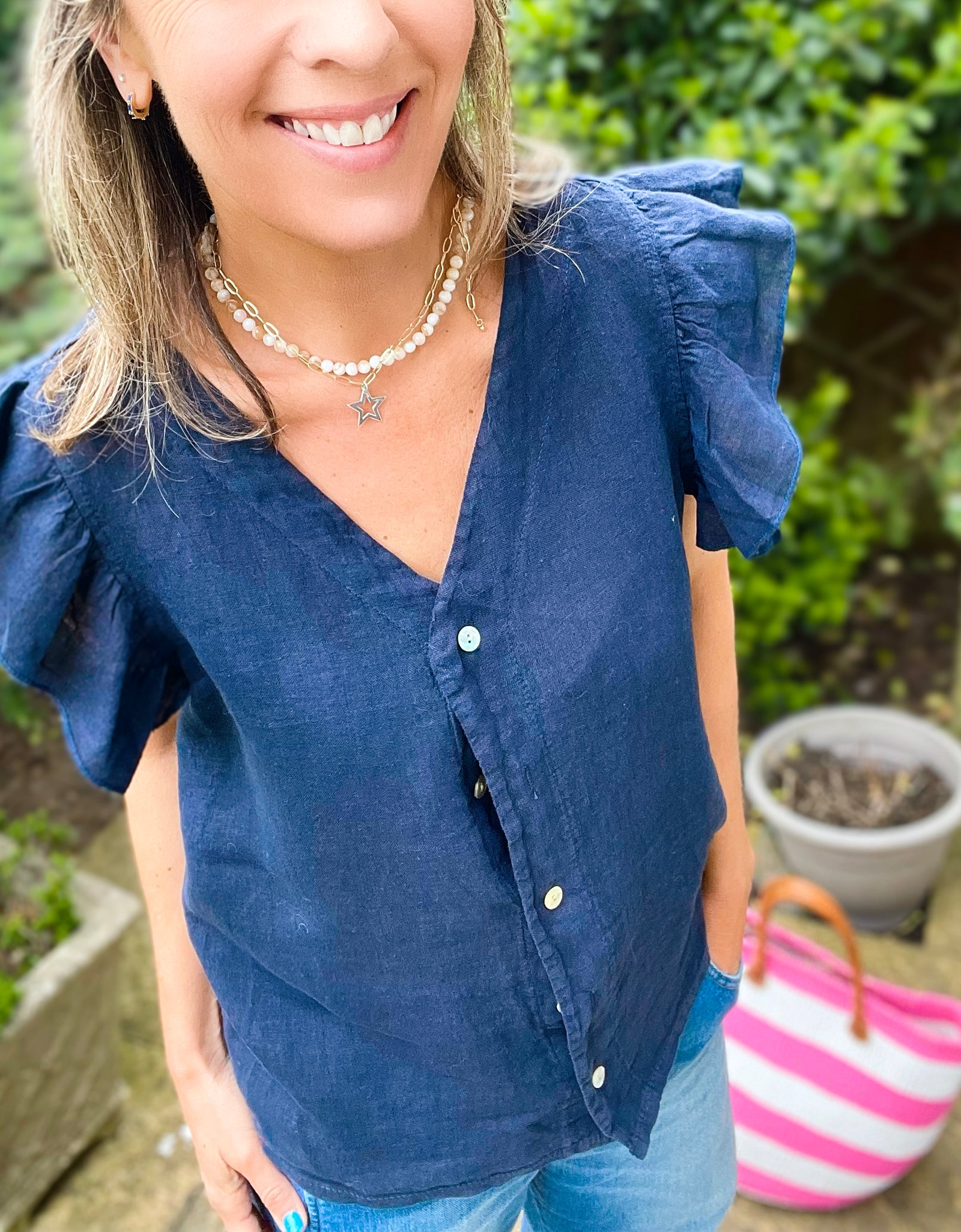 Navy Linen Frill Top