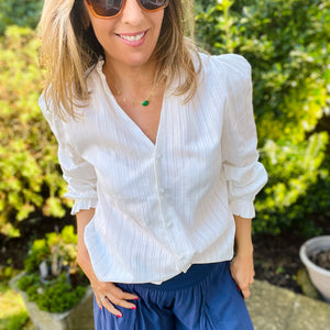 White V-Neck Ruffle Shirt