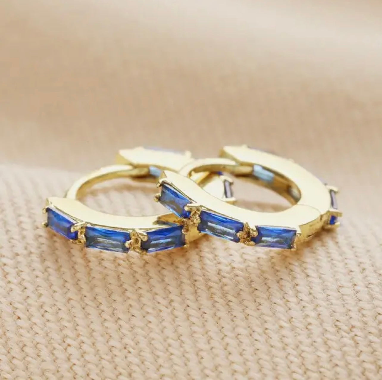 Blue Baguette Crystal Huggie Hoop Earrings