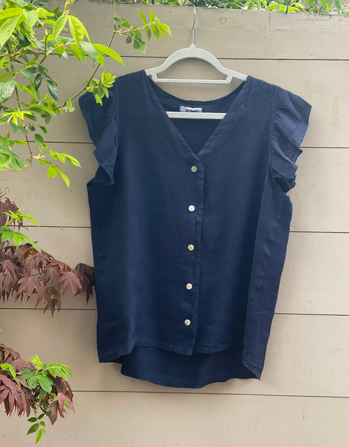 Load image into Gallery viewer, Navy Linen Frill Top
