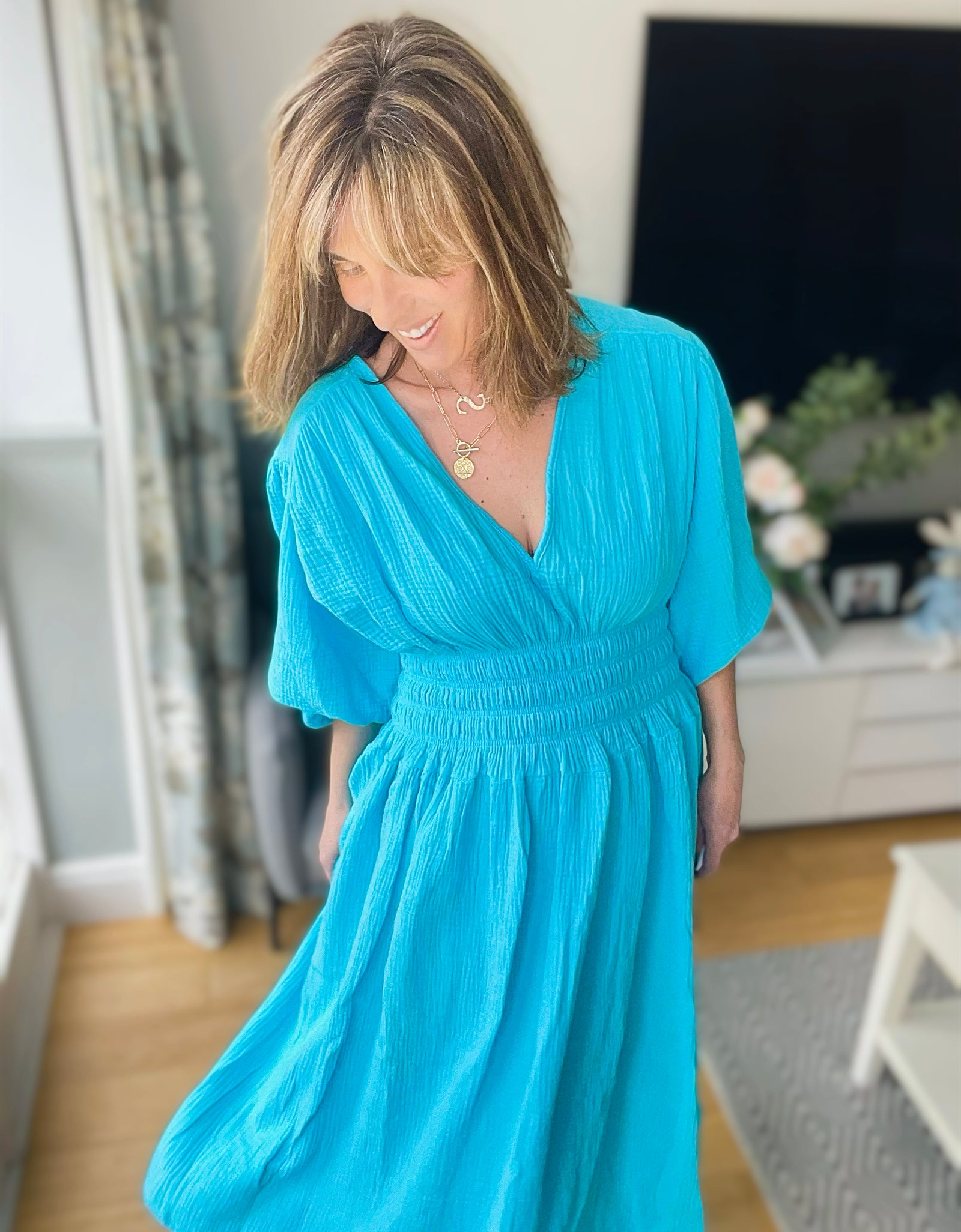 Turquoise Balloon Sleeve Dress