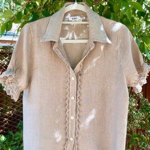 Mocha Linen Cropped Sleeve Blouse