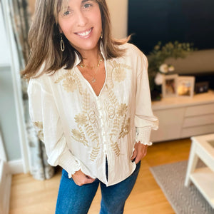 Beige & White Embroidery Blouse