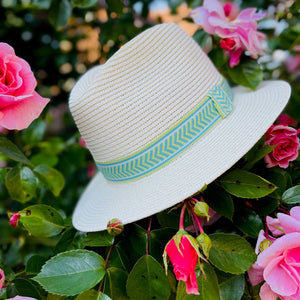 Summer Straw Fedora with Blue & Green Pattern Band