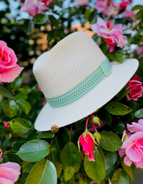 Load image into Gallery viewer, Summer Straw Fedora with Blue &amp; Green Pattern Band
