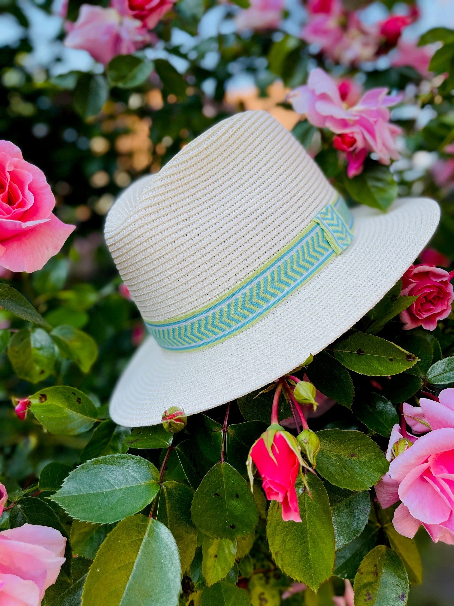 Summer Straw Fedora with Blue & Green Pattern Band