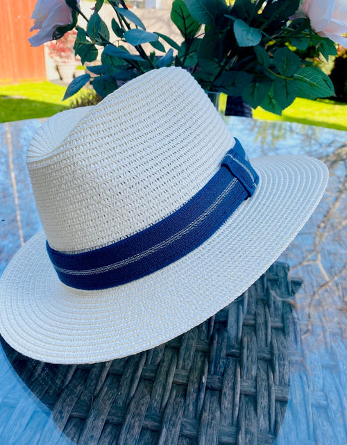 Load image into Gallery viewer, Summer straw fedora with blue &amp; silver strip band
