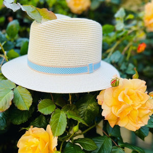 Summer Straw Fedora With Pale Blue Gingham With Beige Edge