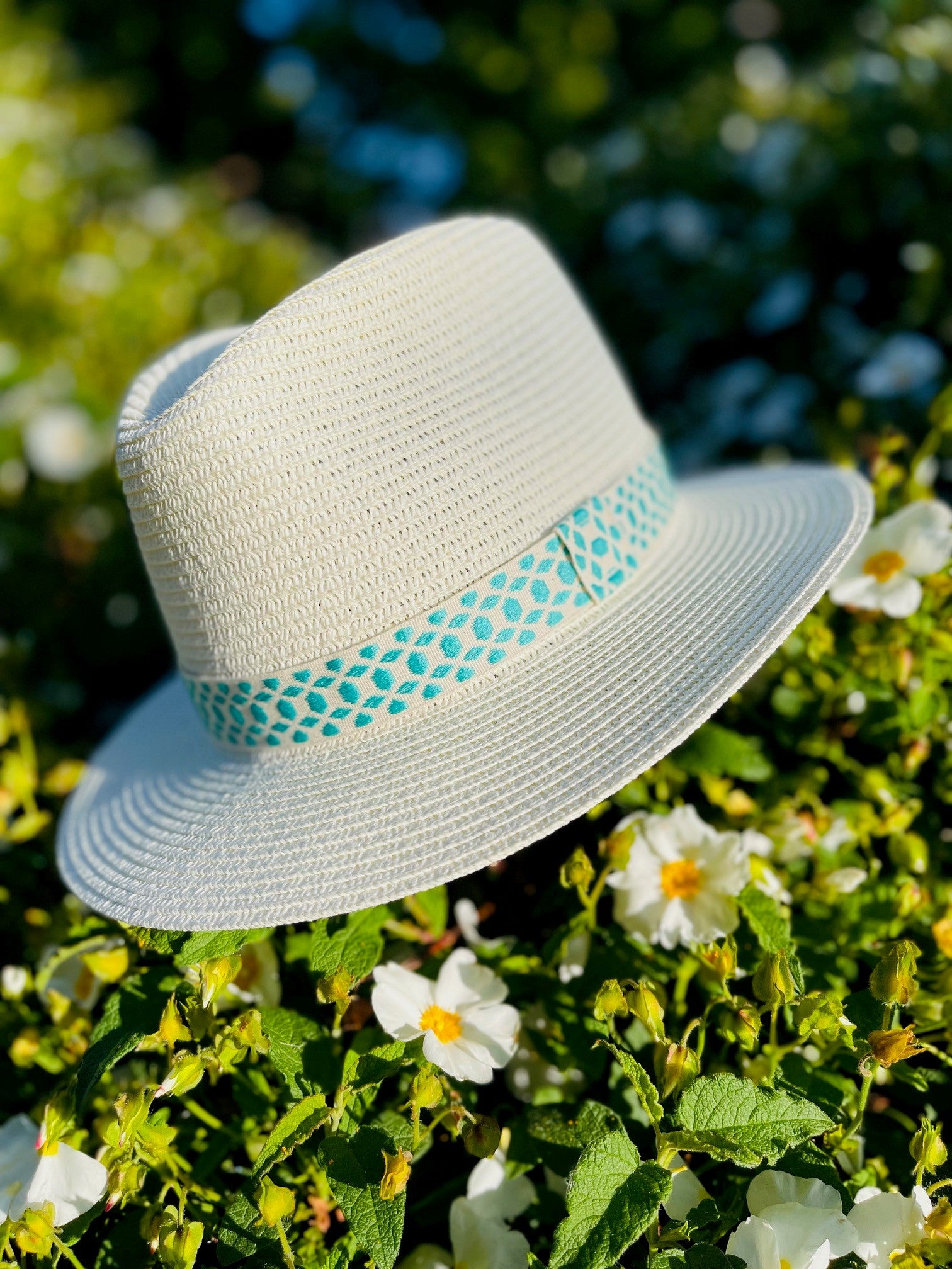 Summer Straw Fedora With Mint Pattern Band