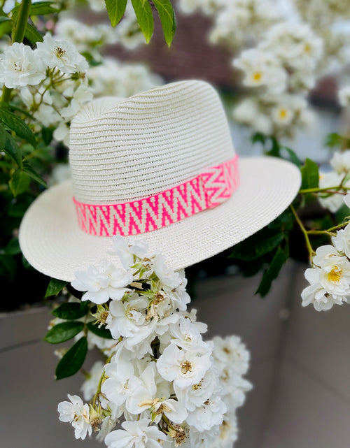 Load image into Gallery viewer, Summer straw fedora with neon pink band
