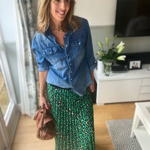 Emerald Green Leopard Print Pleated Skirt