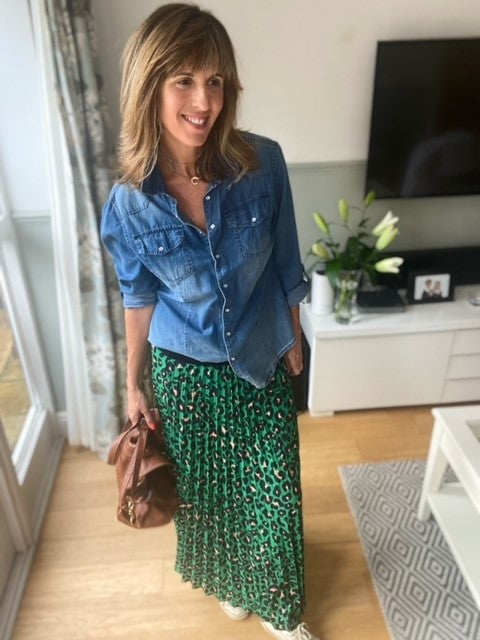 Emerald Green Leopard Print Pleated Skirt