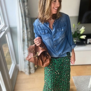 Emerald Green Leopard Print Pleated Skirt