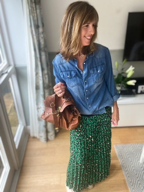 Emerald Green Leopard Print Pleated Skirt