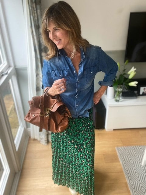 Emerald Green Leopard Print Pleated Skirt