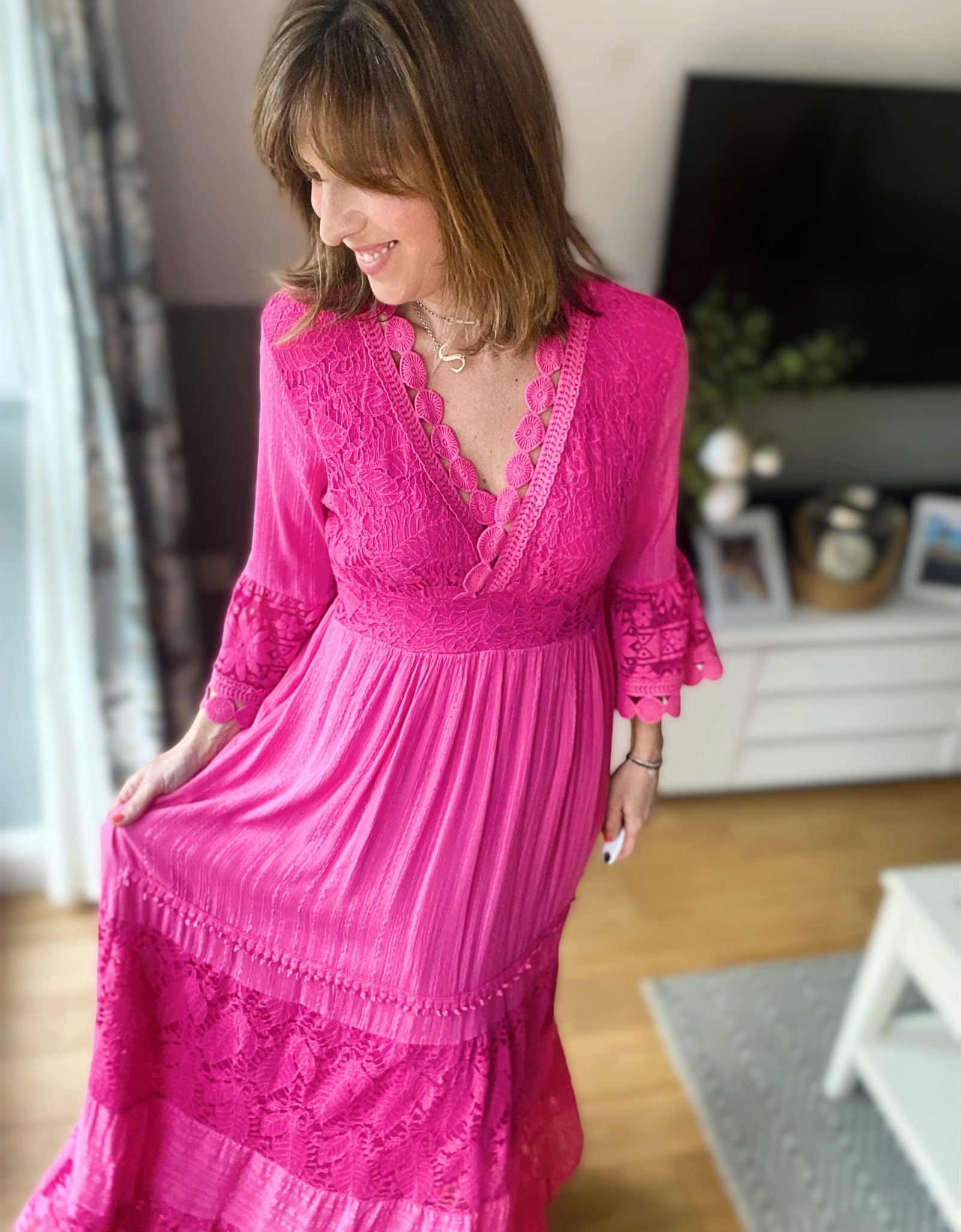 Full length pink lace crochet dress