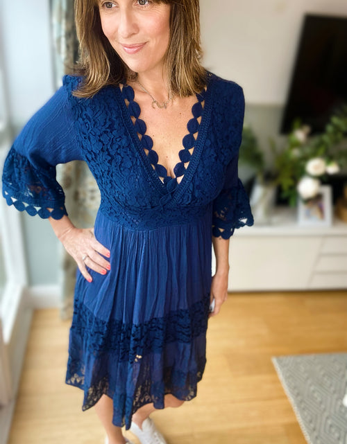 Load image into Gallery viewer, Navy Lace Crochet Dress
