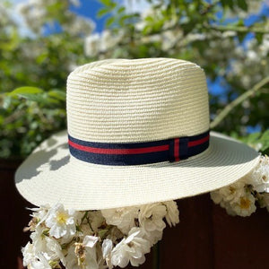 Mens Straw Fedora with Blue & Red Striped Band