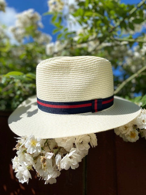 Load image into Gallery viewer, Mens Straw Fedora with Blue &amp; Red Striped Band
