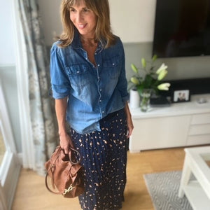 Navy Leopard Print Pleated Skirt