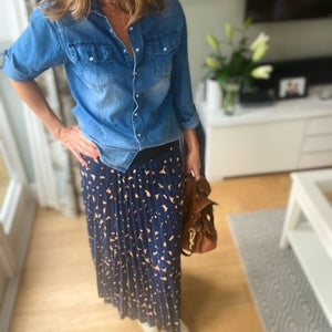 Navy Leopard Print Pleated Skirt