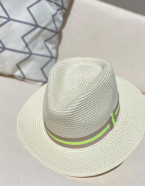 Load image into Gallery viewer, Summer Straw Fedora with Beige &amp; Fluorescent Yellow Ribbon
