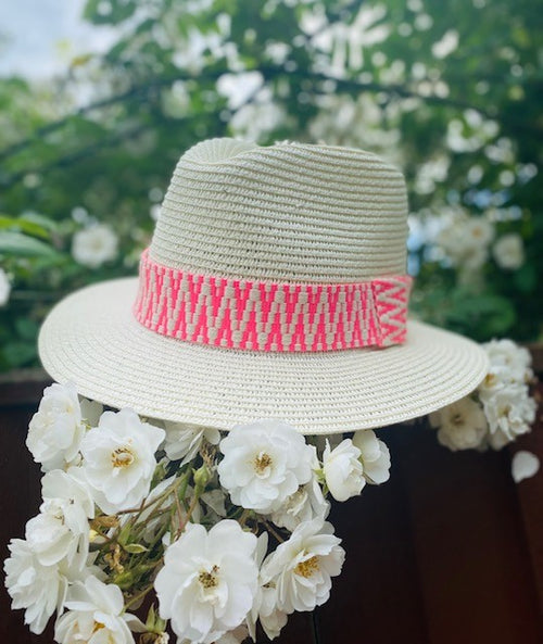 Load image into Gallery viewer, Summer Fedora with neon pink band
