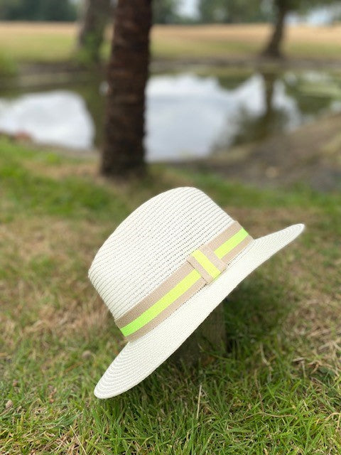Load image into Gallery viewer, Summer Straw Fedora with Beige &amp; Fluorescent Yellow Ribbon
