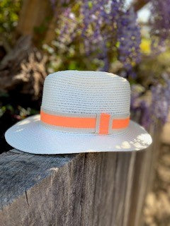Load image into Gallery viewer, Summer Straw Fedora with Orange &amp; Beige Ribbon
