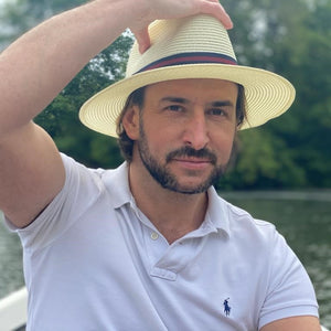 Mens Straw Fedora with Blue & Red Striped Band