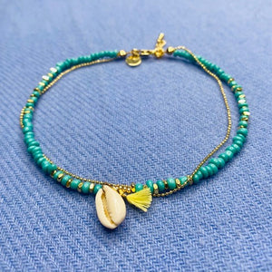 Turquoise Beaded Shell Charm Anklet