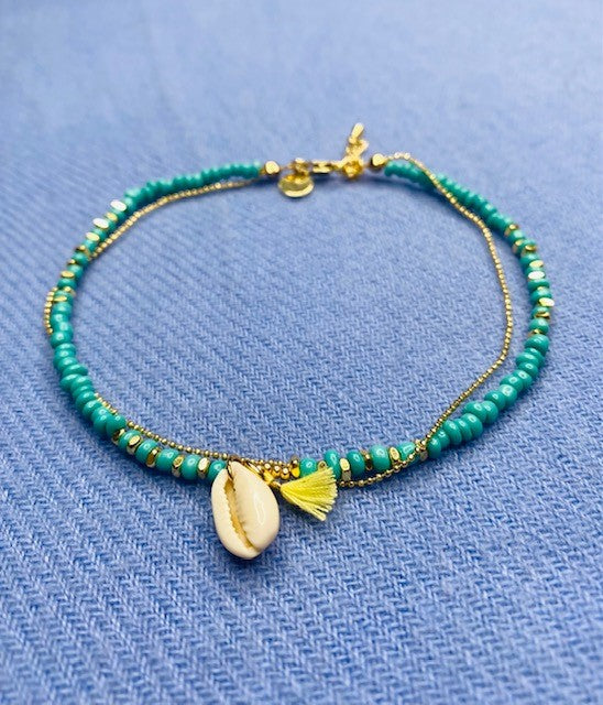 Turquoise Beaded Shell Charm Anklet
